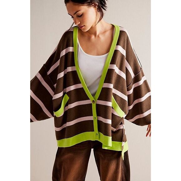 Free People We The Free Manny Cardi Brown Stripe Cardigan Sweater Size Medium - Picture 1 of 11